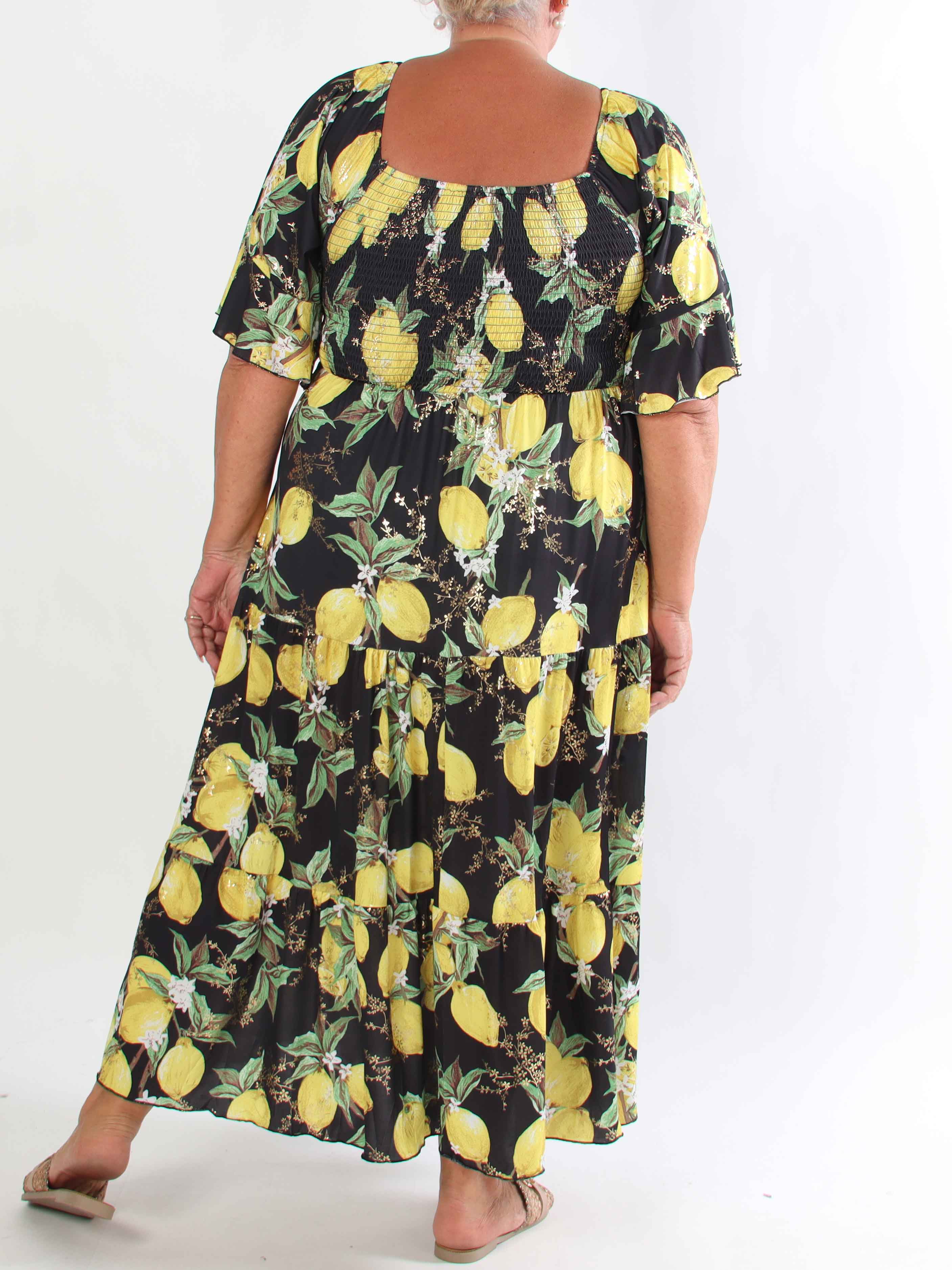 Elna Lemon - Lang elastisk plus size kjole med citroner og smock over brystet